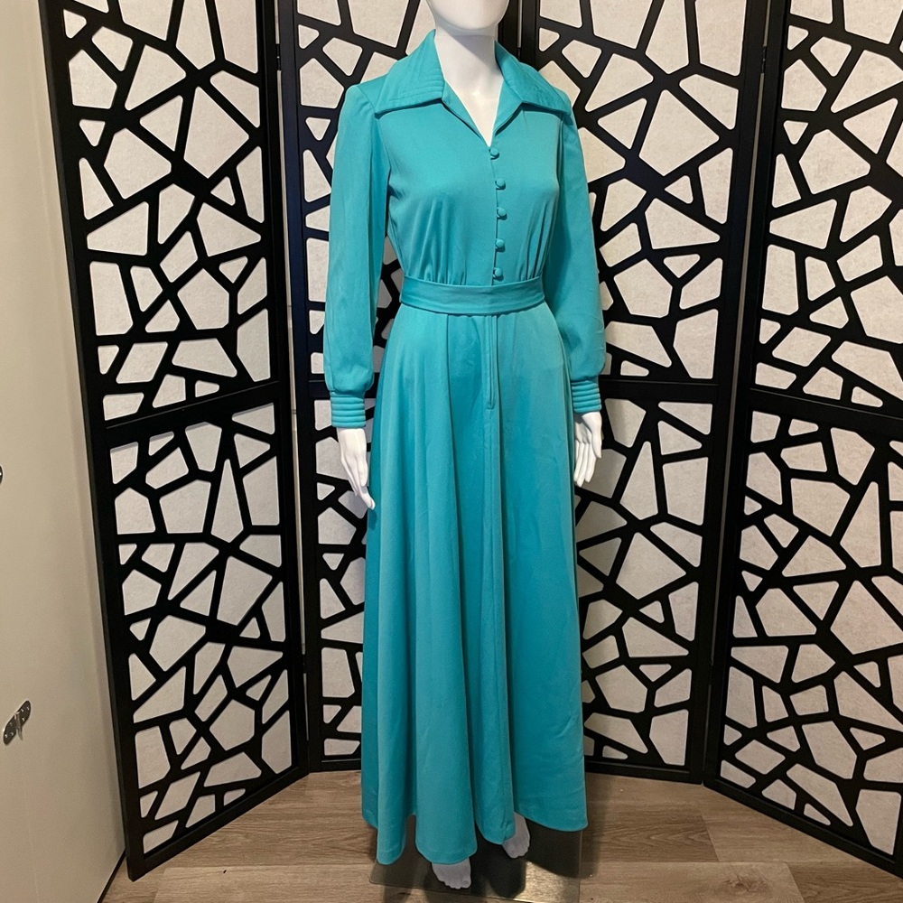 Vintage / Retro Teal Maxi Dress - button down front - Handmade 1980s